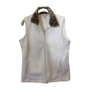 Carolyn Taylor Fleece Vest Faux Fur Leopard Collar M White Grandmacore Mob Wife